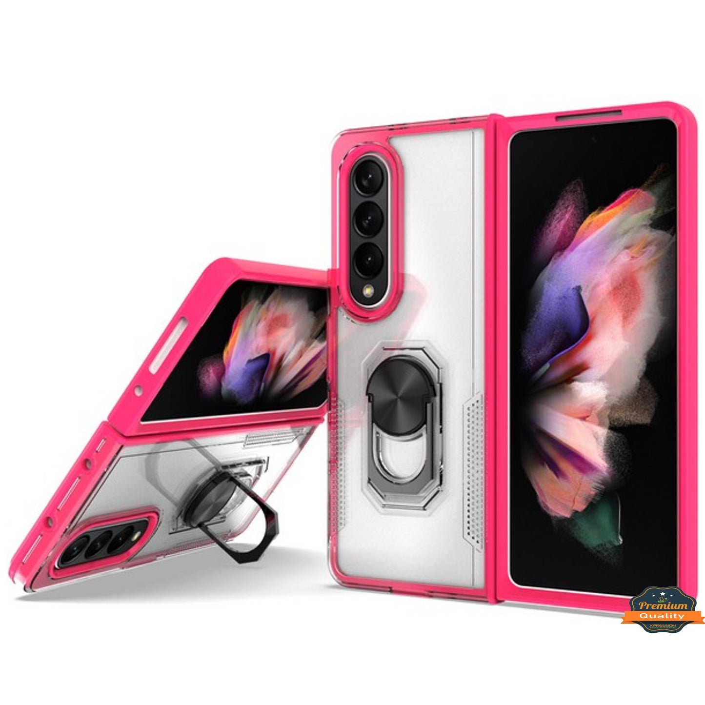 For Samsung Galaxy Z Fold 4 5G Transparent Hybrid Magnetic Ring Stand (work with Car Mount) Detachable Frame Bumper Phone Case Cover