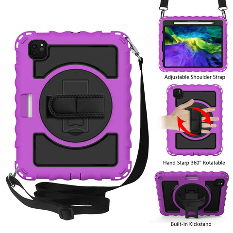 Case for Apple iPad Air 4 / iPad Air 5 / iPad Pro (11 inch) Hybrid 3in1 Armor Rugged with Built-in Kickstand 360° Rotatable Stand & Shoulder Hand Strap Corner Shockproof Purple Tablet Cover
