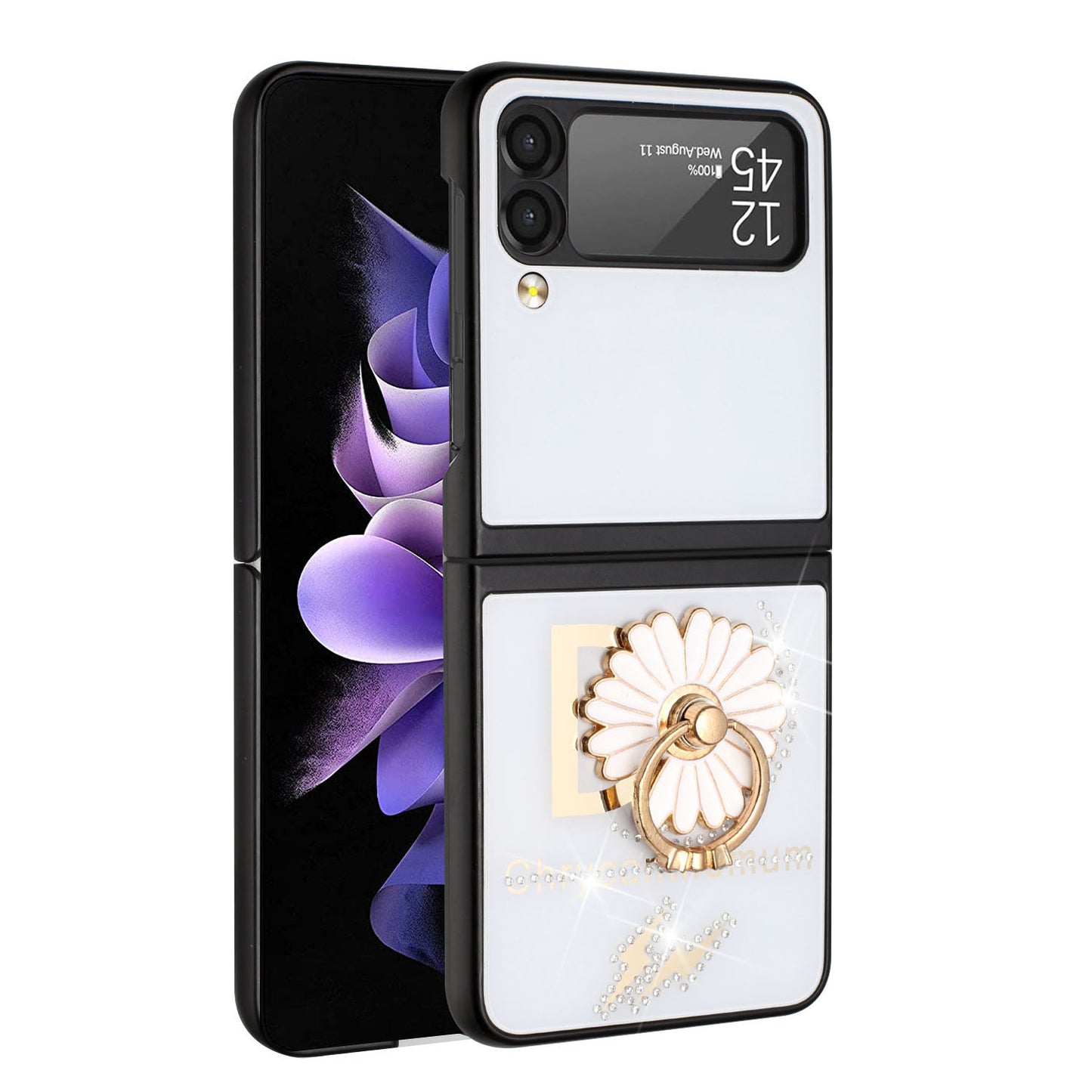 For Samsung Galaxy Z Flip 4 5G Diamond Bling Sparkly Glitter Ornaments Engraving Hybrid with Ring Stand Fashion Phone Case Cover