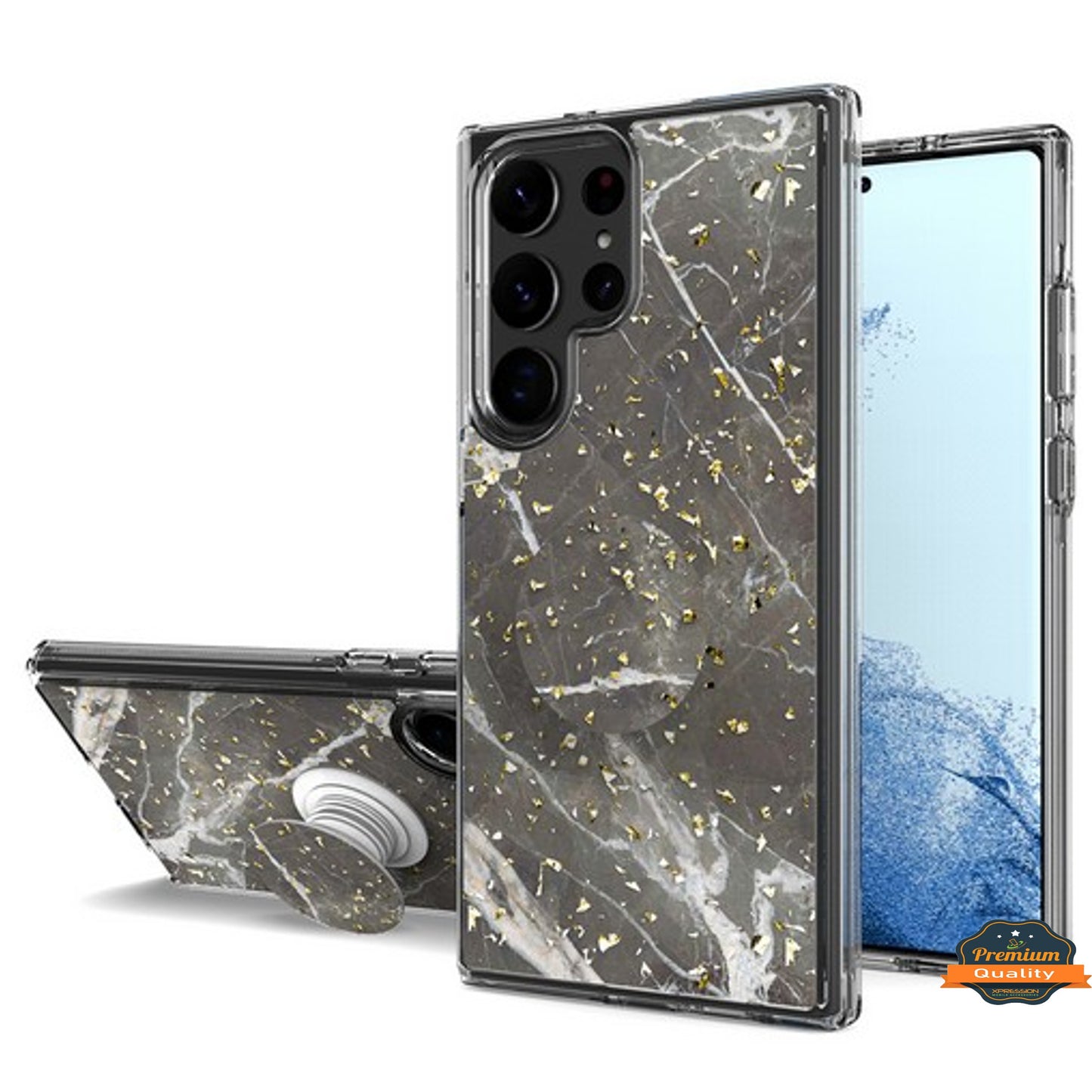 For Samsung Galaxy S23 /Plus /Ultra Elegant Pattern Design Bling Glitter Hybrid with Ring Stand Pop Up Finger Holder Kickstand Phone Case Cover