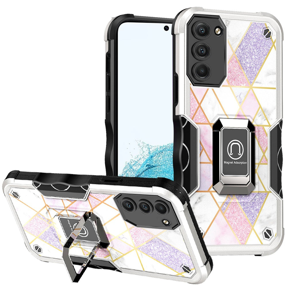 For Samsung Galaxy S22 /Plus Ultra Marble IMD Design Hybrid Armor with Magnetic Ring Stand Heavy Duty Rugged Shockproof Phone Case Cover
