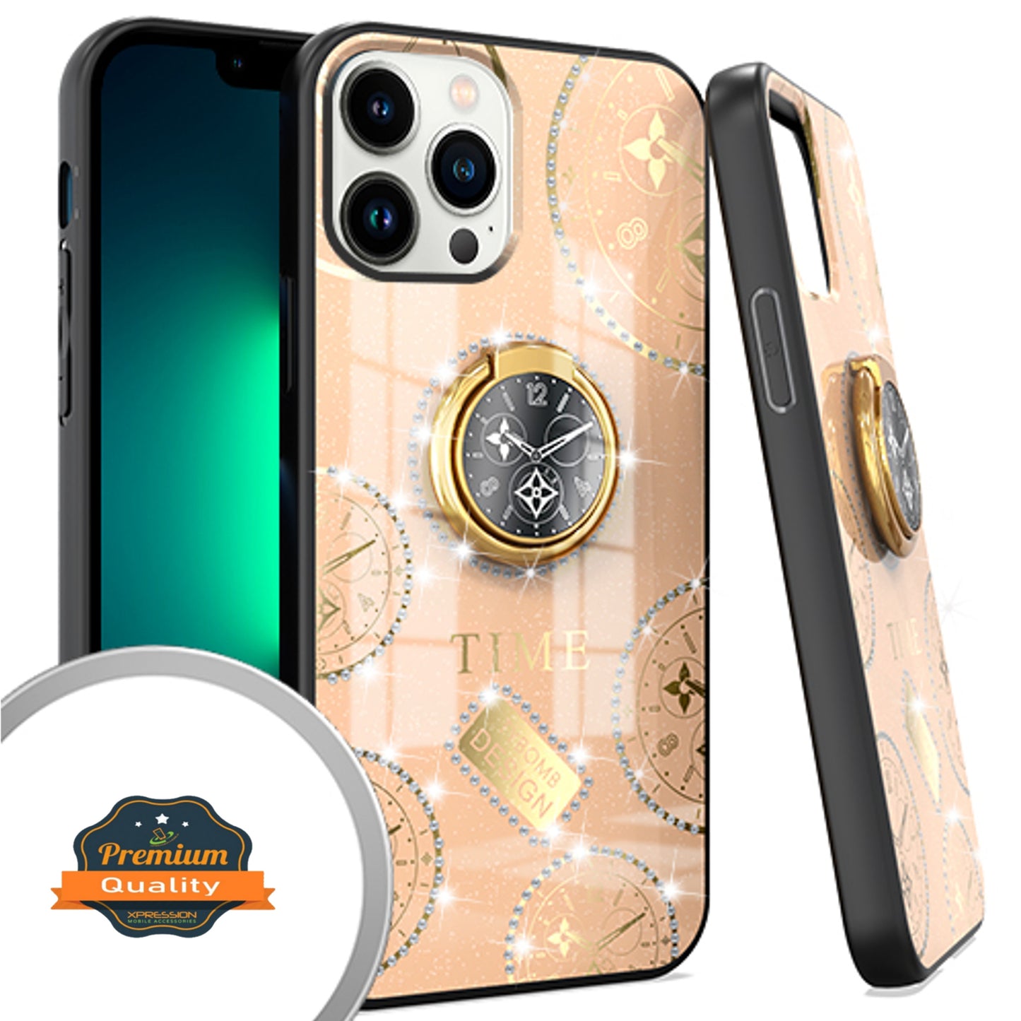 For Apple iPhone 14 (6.1") Elegant Rhinestone 3D Diamond Bling Glitter with Ring Stand Kickstand Plating Hard Phone Case Cover