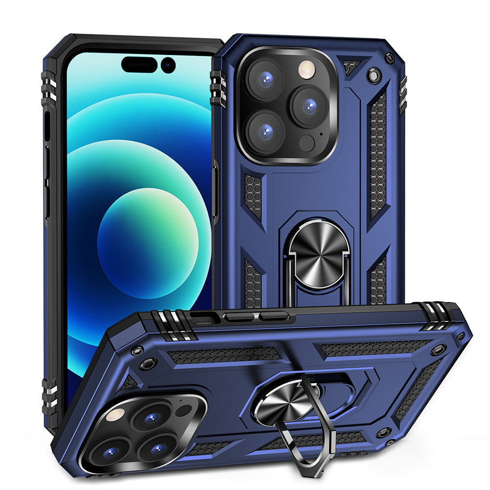 For Apple iPhone 14 /Pro Max Military Grade Heavy Duty Armor Hybrid with Ring Kickstand Finger Loop Stand Phone Case Cover