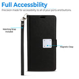 Alcatel Apprise PU Leather Wallet ID Credit Card Cash Holder Slot Dual Flip Pouch with Stand and Wrist Strap Case Cover