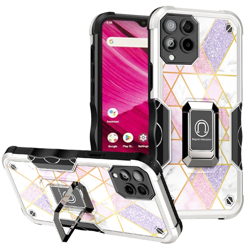 For T-Mobile Revvl 6 Pro 5G /Revvl 6 5G Marble IMD Design Hybrid with Magnetic Ring Stand Kickstand Heavy Duty Phone Case Cover