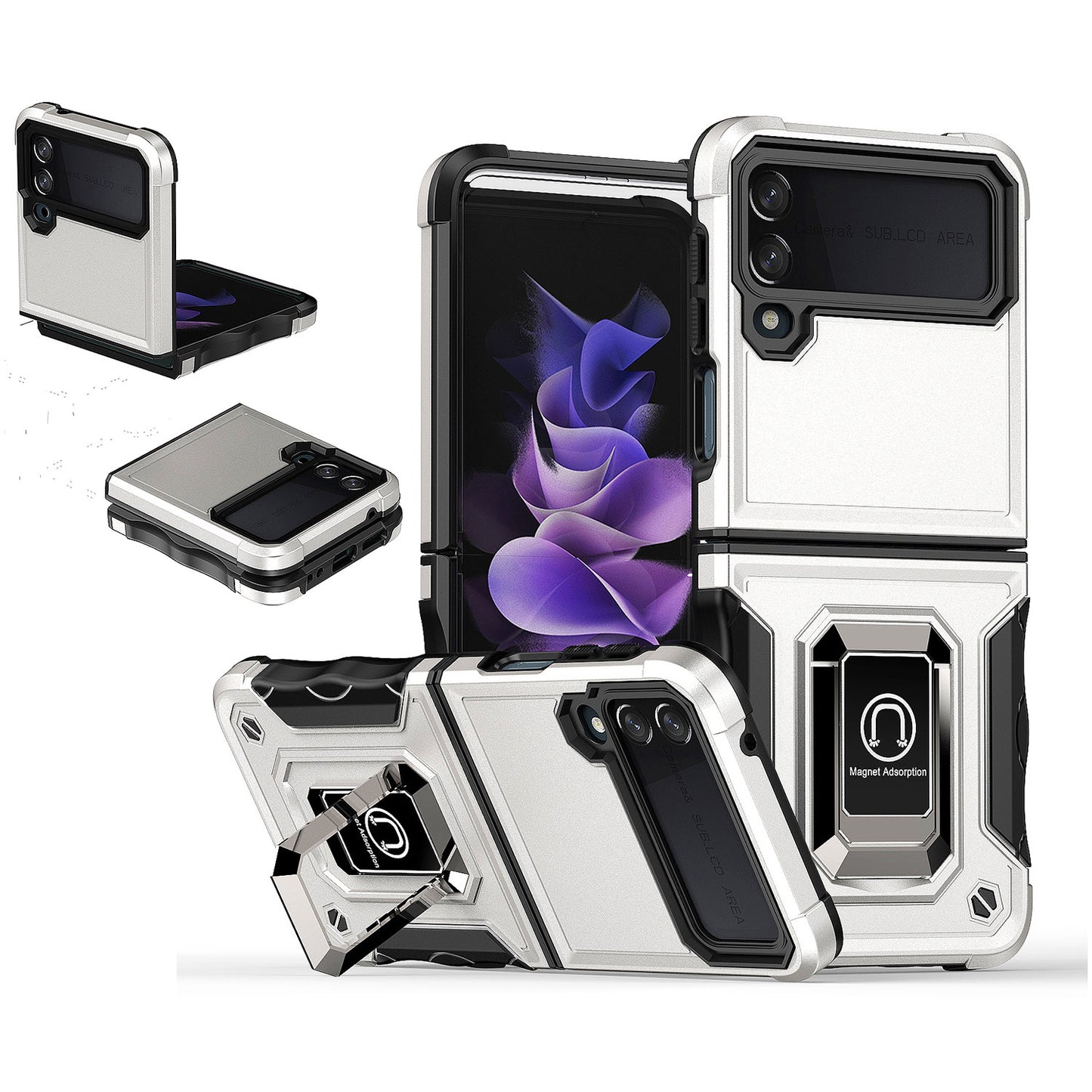 For Samsung Galaxy Z Flip 4 5G Hybrid Cases with Magnetic Ring Holder Kickstand Heavy Duty Rugged Silicone Shockproof Phone Case Cover