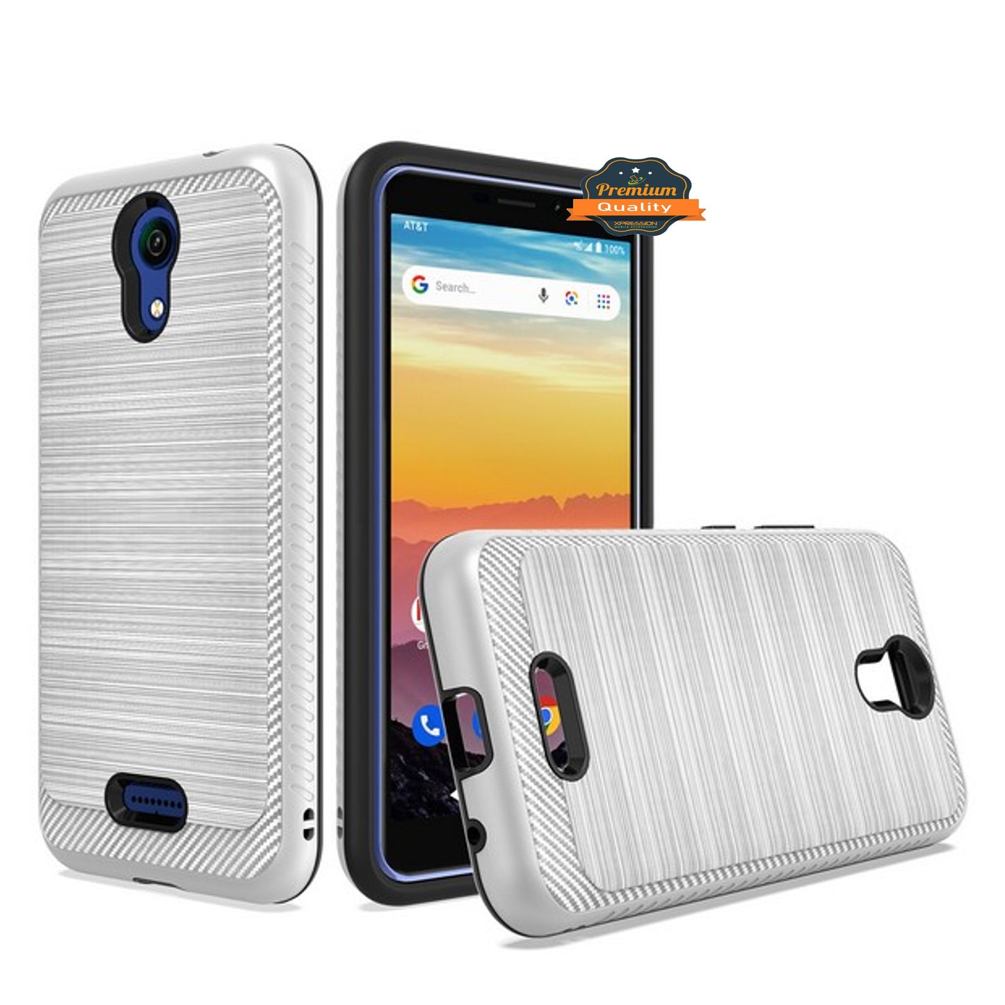 For AT&T Calypso Brushed Metal Texture Hybrid Dual Layer Defender TPU PC Rugged Shockproof Armor Carbon Fiber Design Phone Case Cover