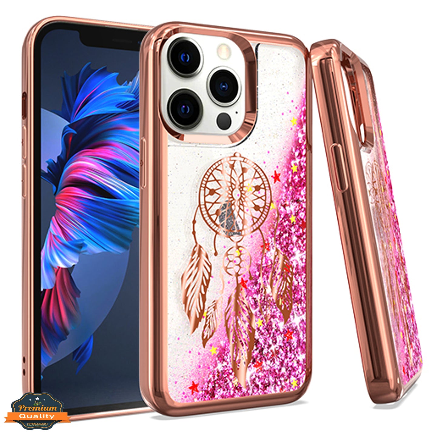 For Apple iPhone 14 (6.1") Quicksand Liquid Glitter Bling Flowing Sparkle Fashion Hybrid TPU and Chrome Plating Hard Phone Case Cover