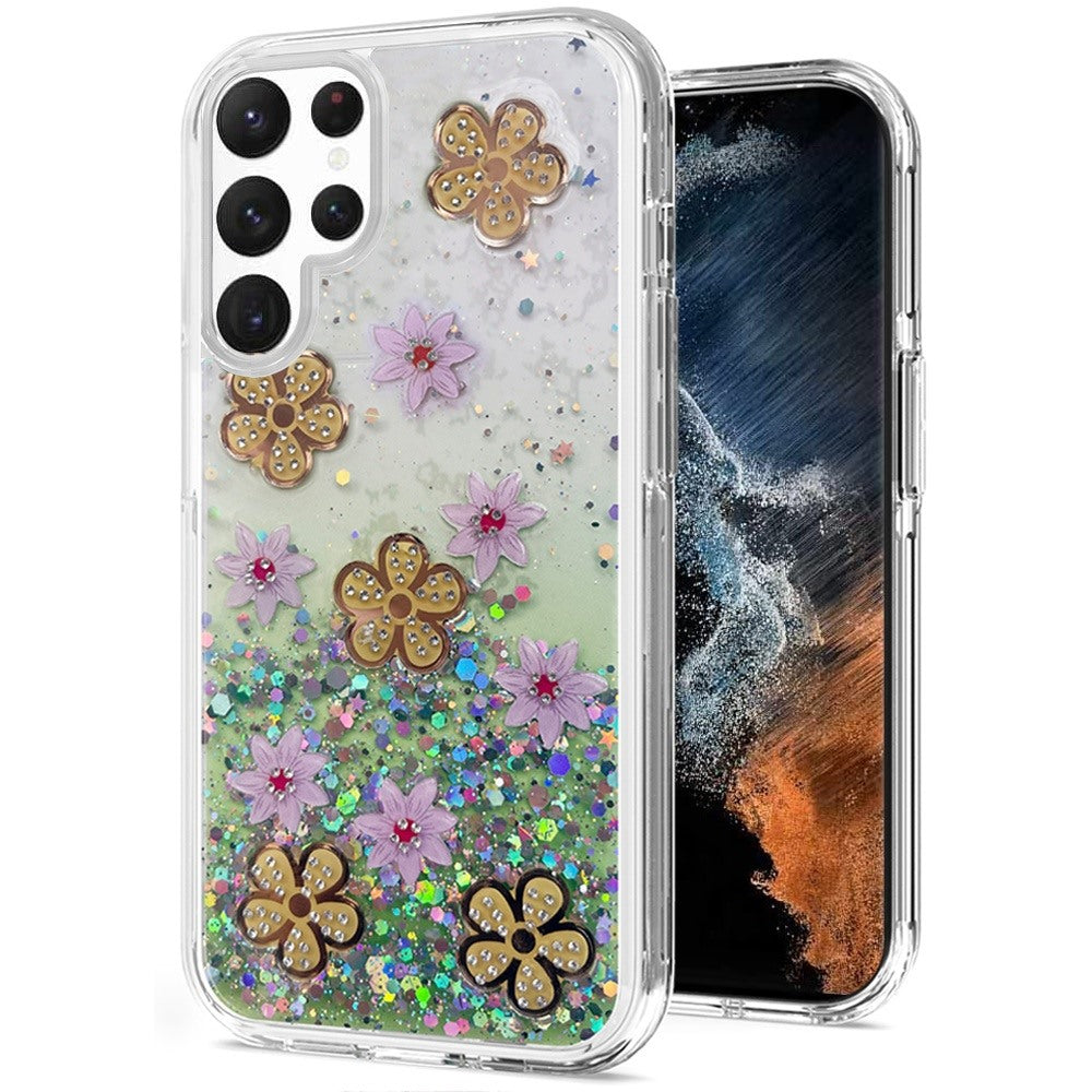 For Samsung Galaxy S22 Ultra Floral Stylish Design Glitter Shiny Hybrid Rubber TPU Hard PC Shockproof Armor Slim Fit Phone Case Cover