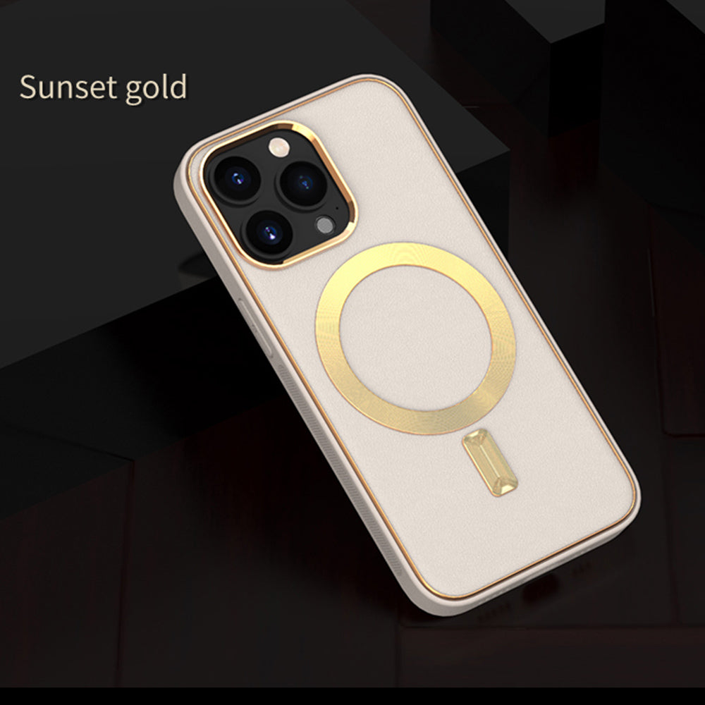 For Apple iPhone 14 /Plus Pro Max PU Leather MagSafe Compatible with Gold Trim & Raised Camera Protection Hybrid Phone Case Cover