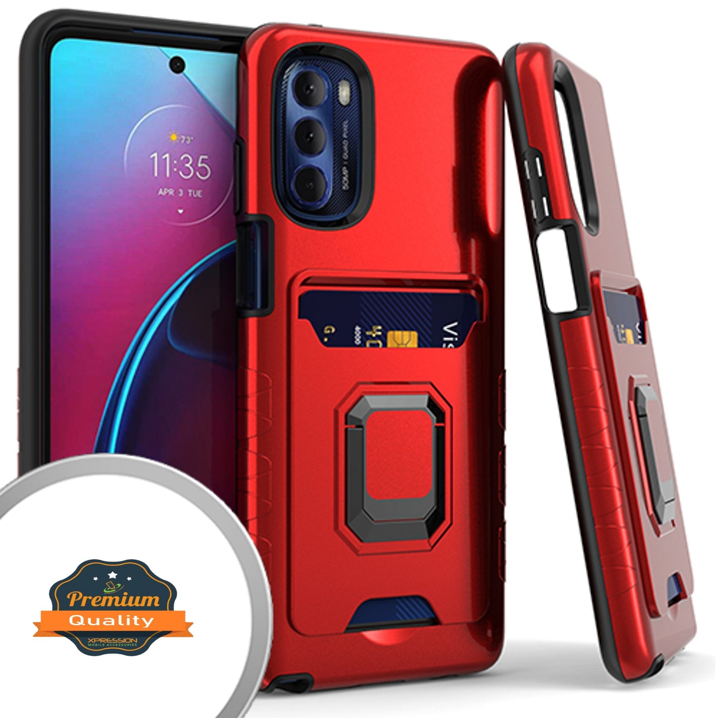 For Motorola Moto G 5G 2022 Wallet Credit Card Slot Holder with Metal Ring Kickstand Heavy Duty Shockproof Hybrid Stand Phone Case Cover