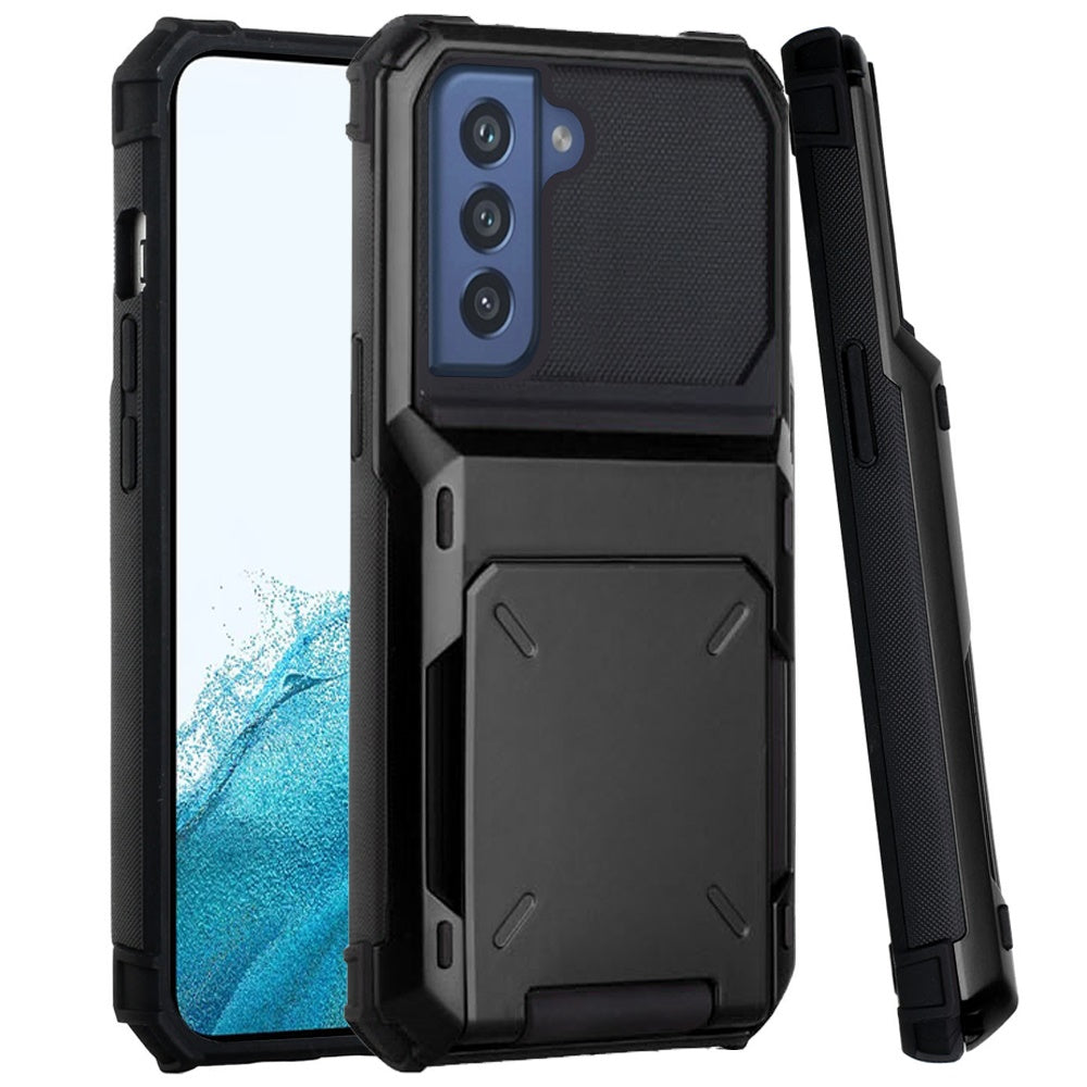 For Apple iPhone 14 Pro (6.1") Multiple Wallet Hidden Credit Card Holder (Upto 5 Cards) Shockproof Hybrid Armor Durable Black Phone Case Cover