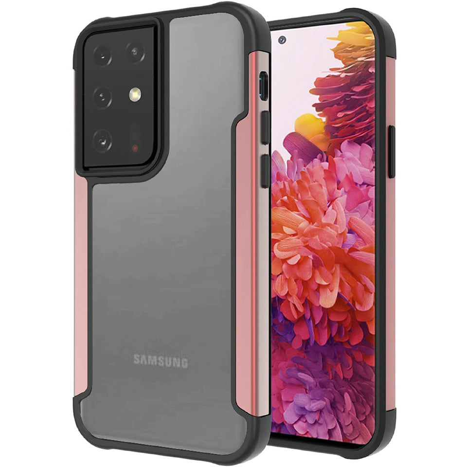 For Samsung Galaxy S22 Ultra Hybrid Aluminum Alloy Metal Clear Transparent Back PC TPU Bumper Frame Armor Shockproof Rose Gold Phone Case Cover