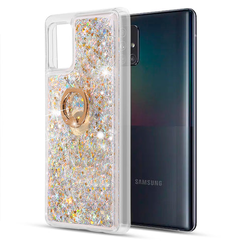 For Samsung Galaxy A53 5G Hybrid Glitter Bling Sparkling Liquid Quicksand Glittering Sparkle TPU with Ring Stand Holder Silver Phone Case Cover