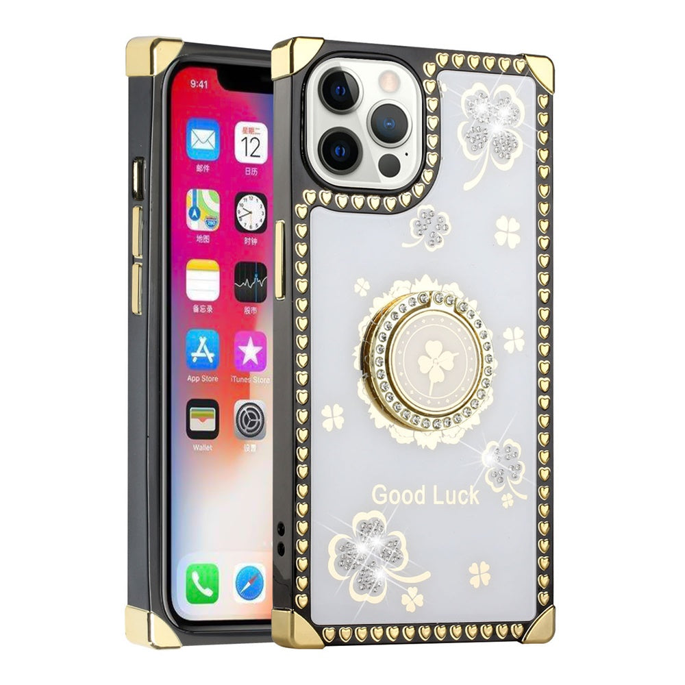 For Apple iPhone 13 Pro Max (6.7") Fashion Square Hearts Diamond Bling Sparkly Glitter Ornaments with Ring Stand Phone Case Cover