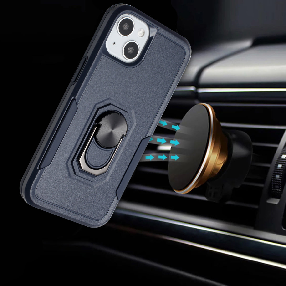 For Apple iPhone 14 Pro (6.1") Hybrid Rugged Hard Drop-Proof 3 Layer Protection Military Grade Armor Metal Ring Stand Blue Phone Case Cover