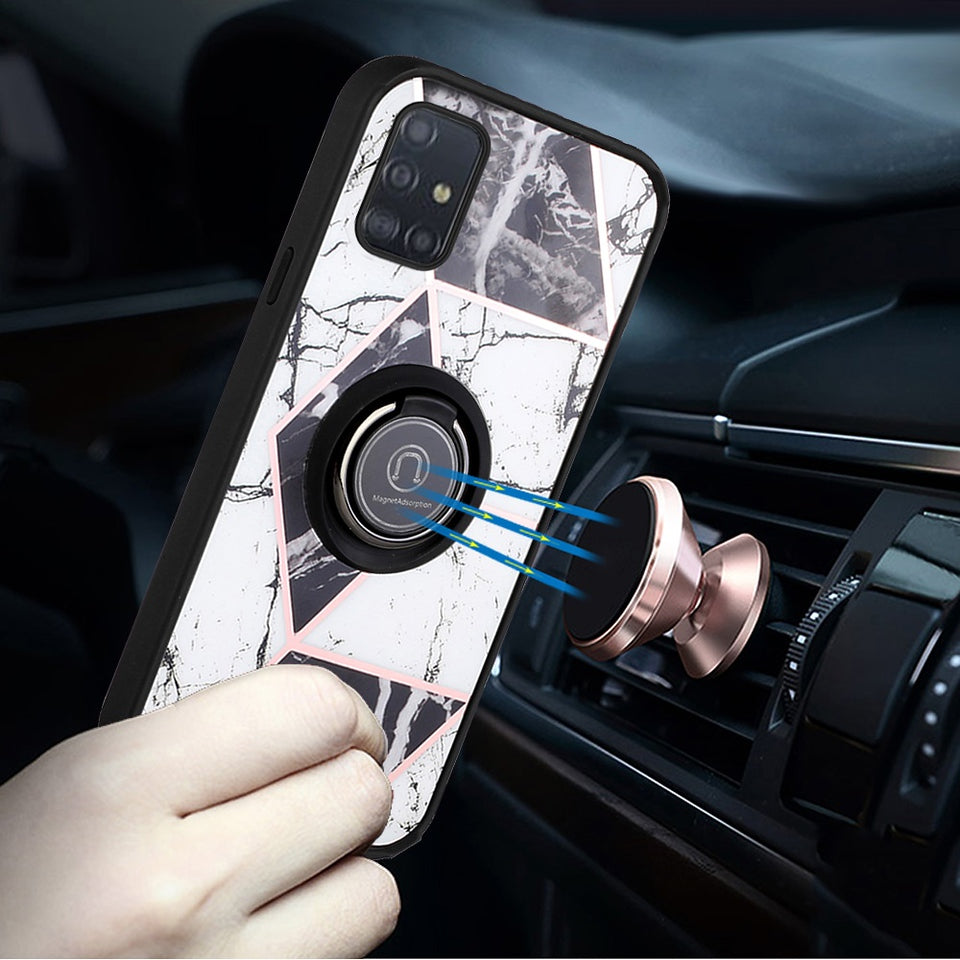 For Motorola Moto G 5G 2022 Marble Design with Magnetic Ring Kickstand Holder Hybrid TPU Hard PC Shockproof Armor Classy Black Phone Case Cover