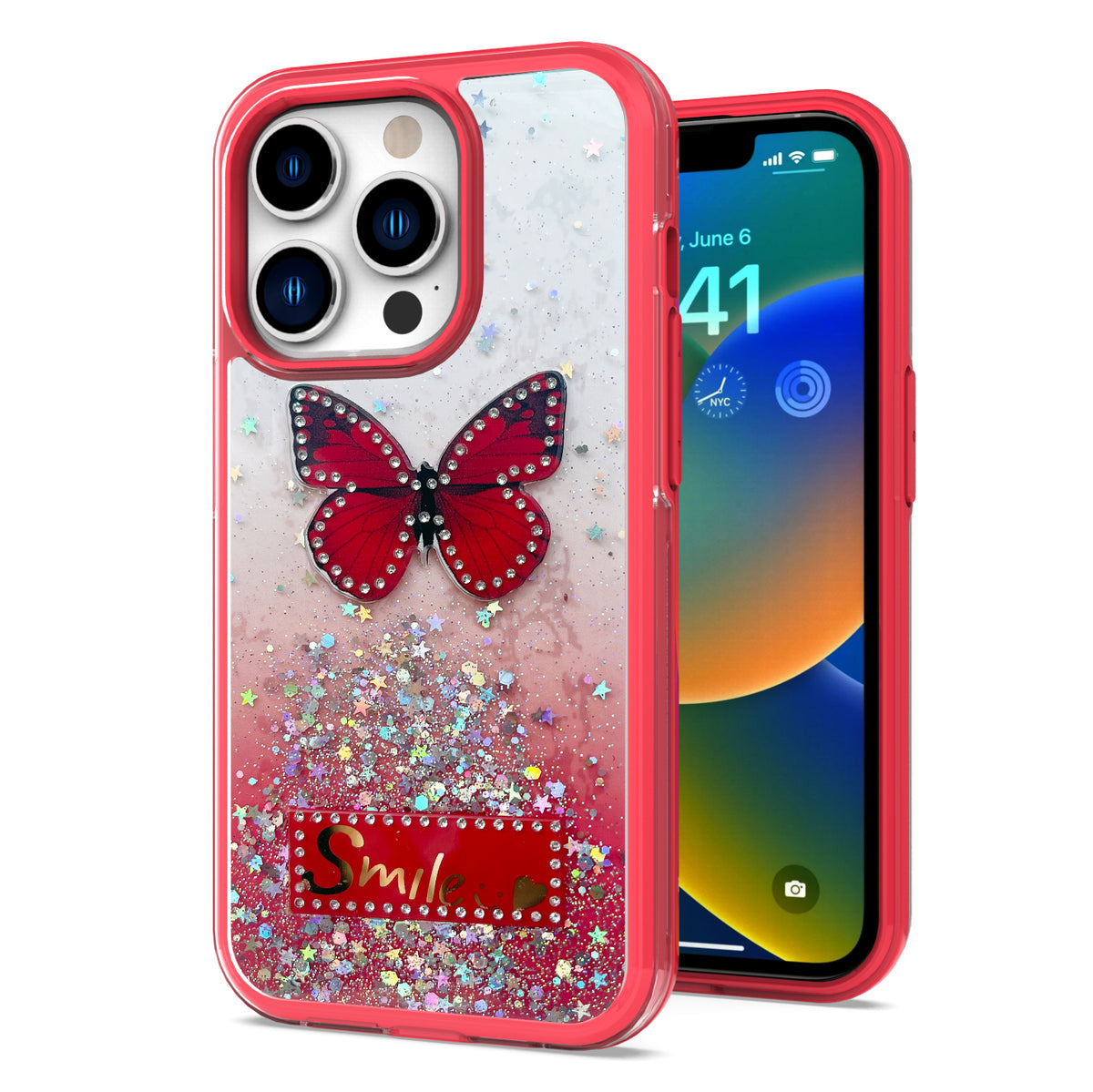 For Apple iPhone SE 3 (2022) SE/8/7 Butterfly Smile Glitter Bling Sparkle Epoxy Glittering Shining Hybrid Hard PC TPU Phone Case Cover