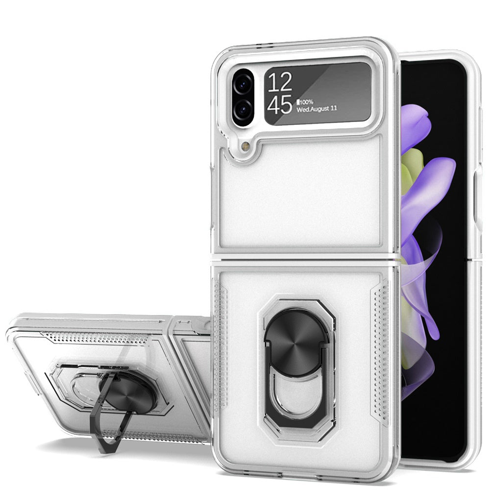 For Samsung Galaxy Z Flip 4 5G Clear Transparent Armor Defender Shockproof Hybrid with Ring Holder Kickstand Phone Case Cover