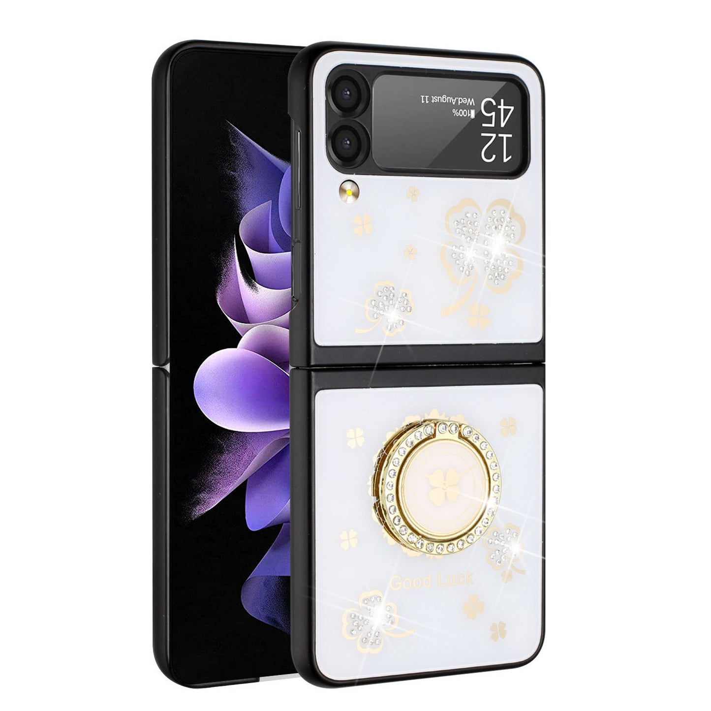 For Samsung Galaxy Z Fold 3 5G Diamond Bling Sparkly Glitter Ornaments Engraving Hybrid with Ring Stand Holder Fashion Phone Case Cover