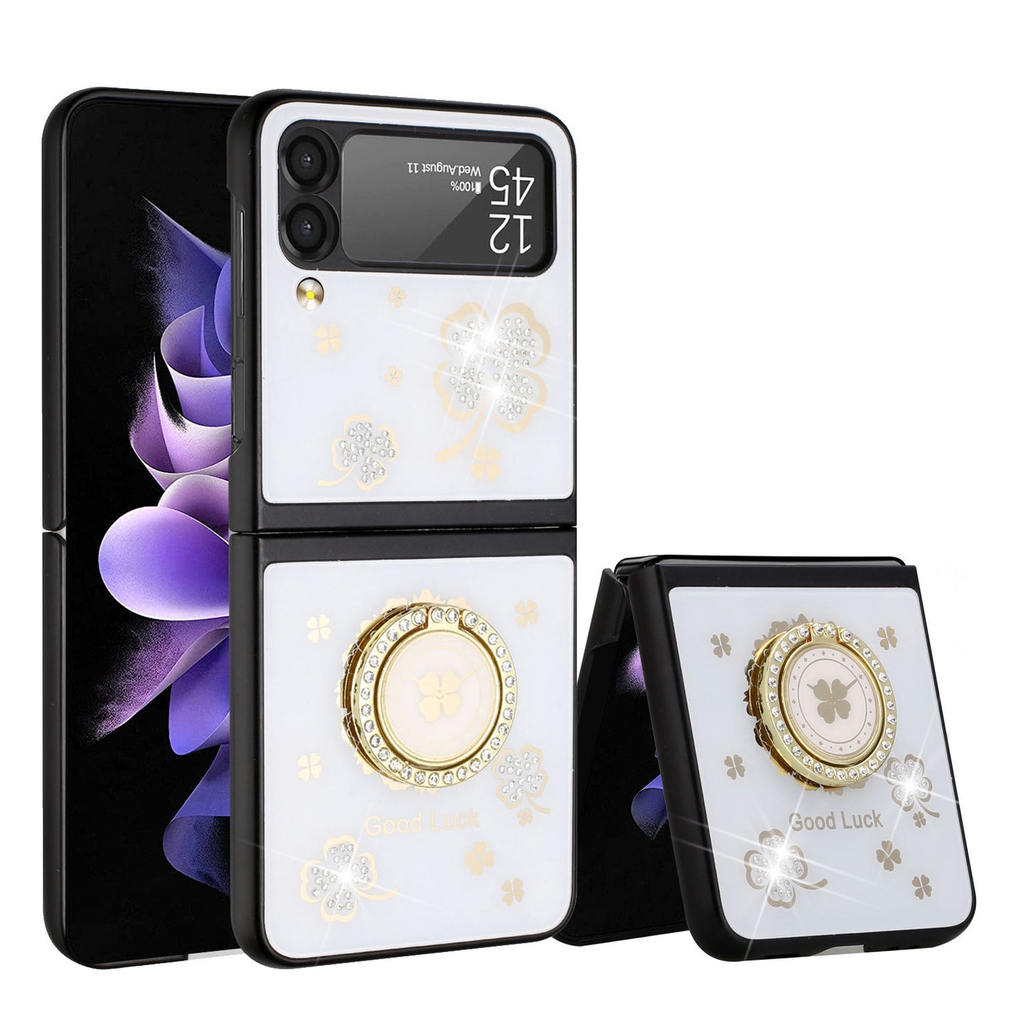 For Samsung Galaxy Z Flip 4 5G Diamond Bling Sparkly Glitter Ornaments Engraving Hybrid Ring Stand Fashion Phone Case Cover