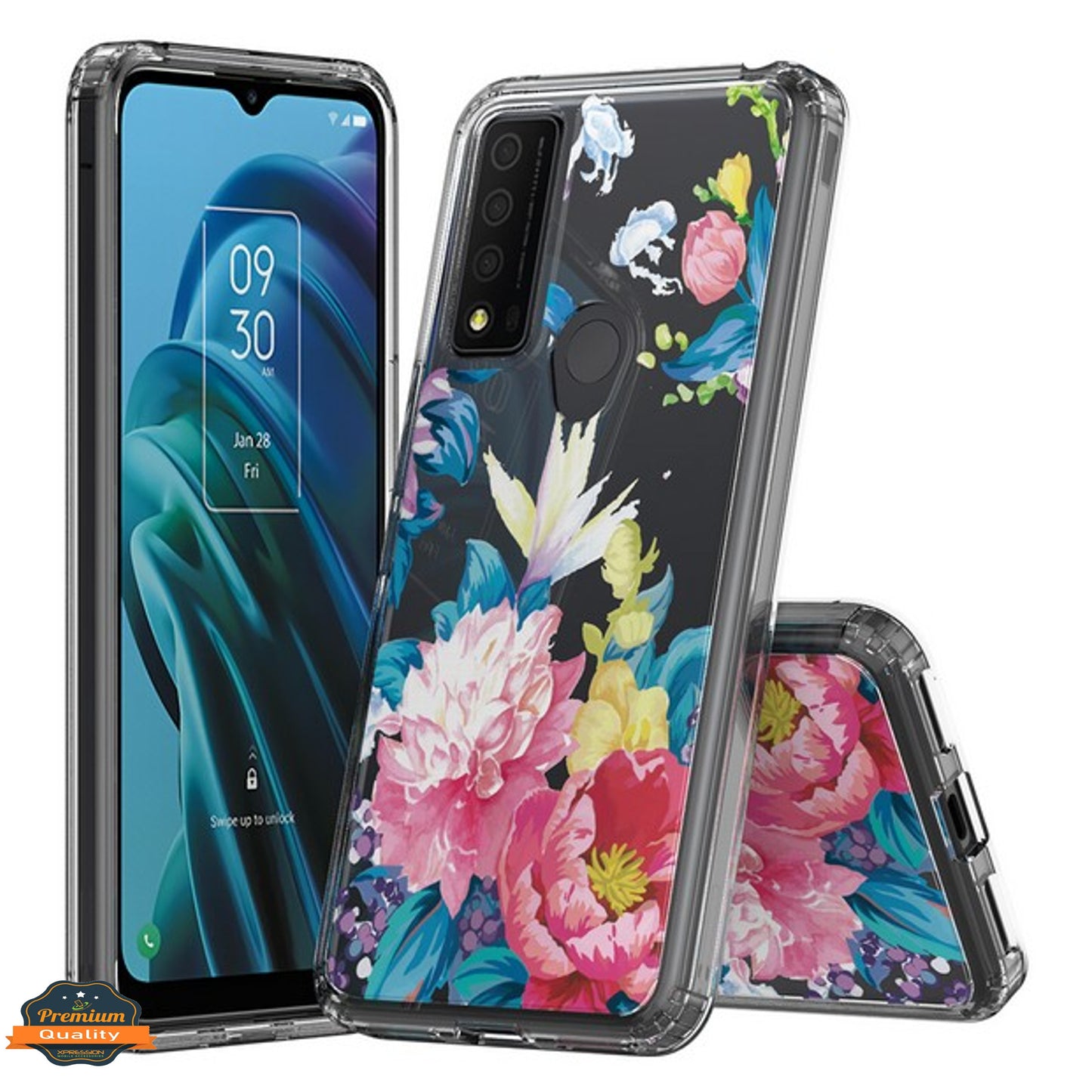 For TCL REVVL V Plus 5G Floral Patterns Design Transparent TPU Silicone Shock Absorption Bumper Hard PC Back Phone Case Cover