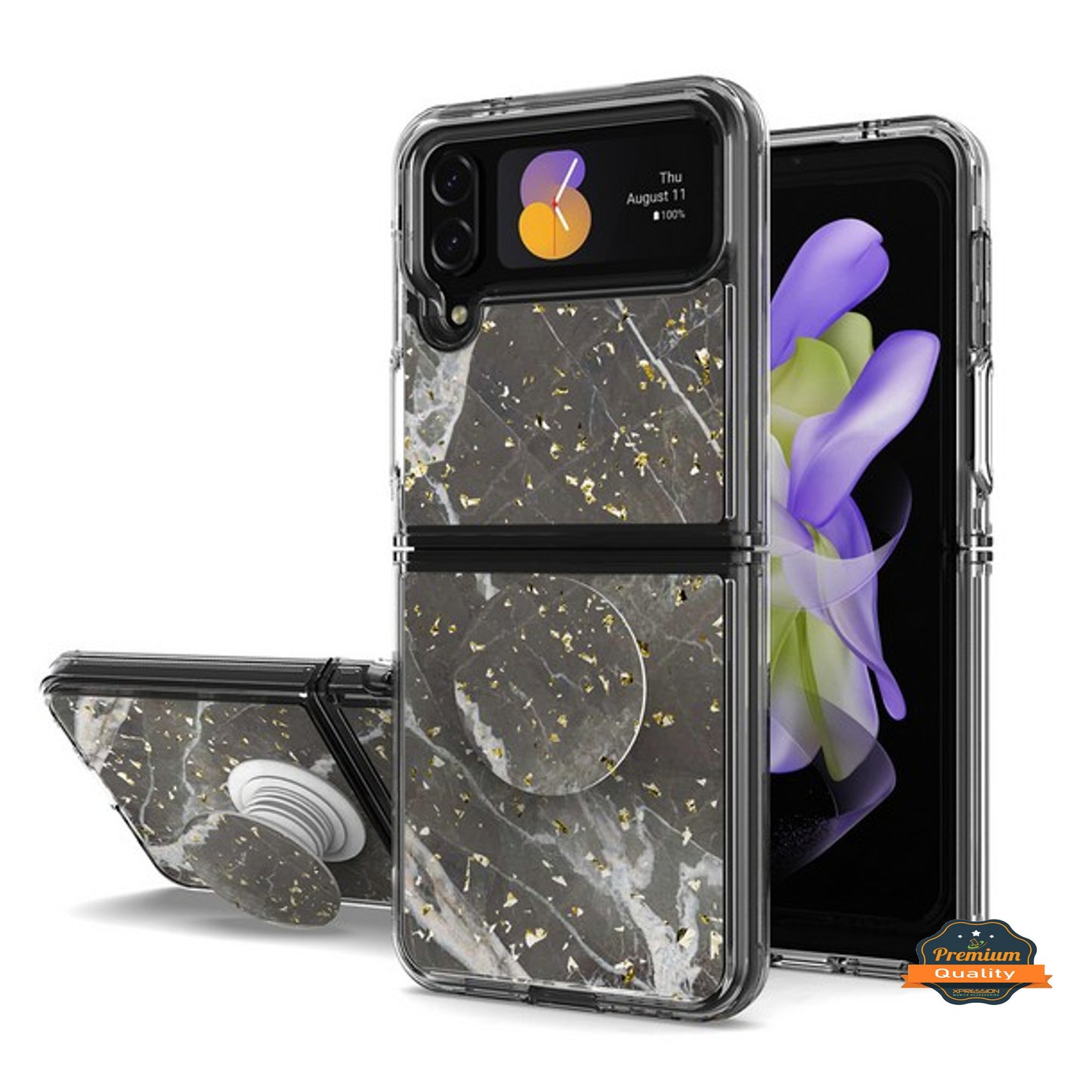 For Samsung Galaxy Z Flip 4 5G Elegant Pattern Design Glitter Hybrid with Ring Stand Pop Up Finger Holder Kickstand Phone Case Cover
