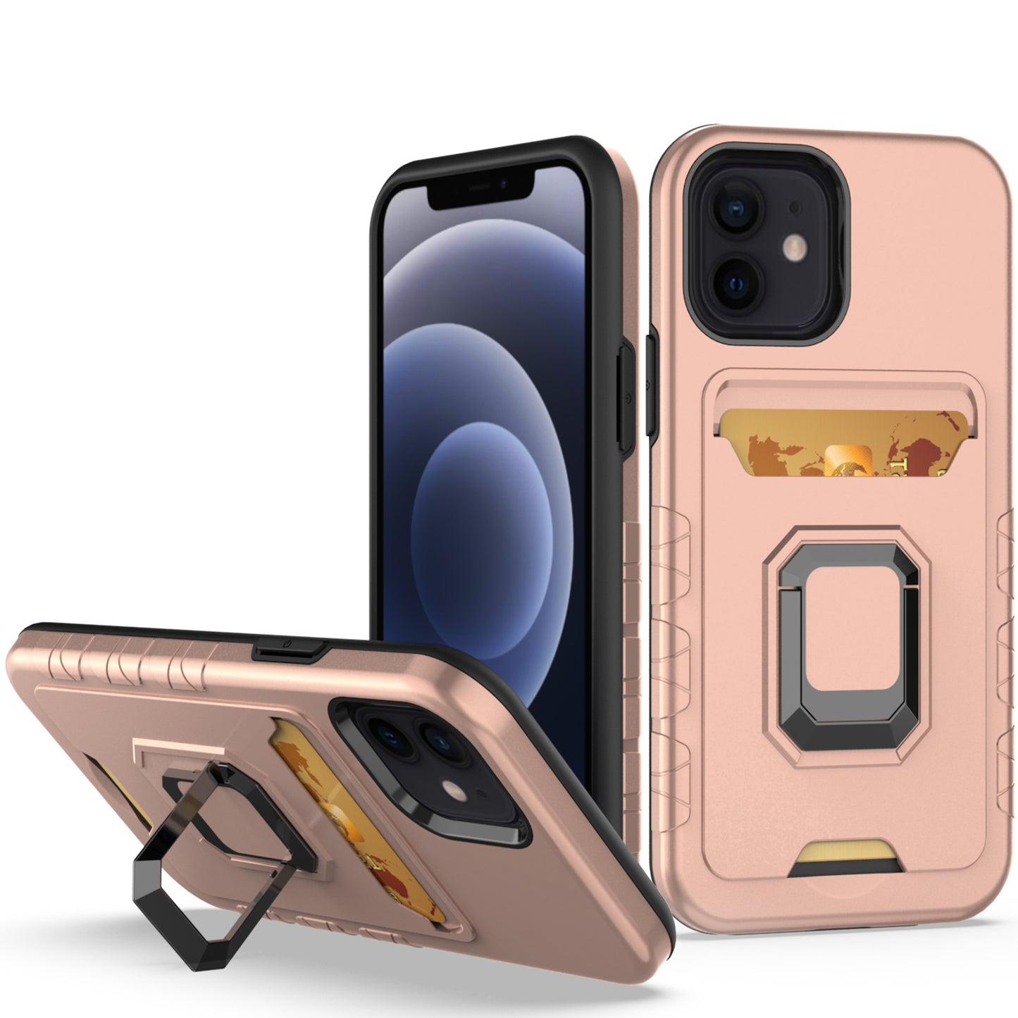 For Apple iPhone 14 Pro (6.1") Wallet Designed Credit Card Holder & Magnetic Stand Kickstand Ring Heavy Duty Hybrid Phone Case Cover