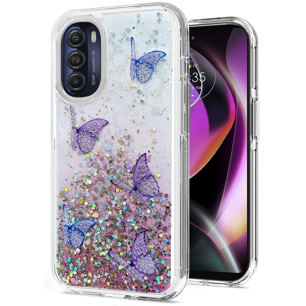 For Motorola Moto G 5G 2022 Butterflies Glitter Bling Shiny Sparkle Glittering Flake Hybrid Hard PC TPU Silicone Slim Phone Case Cover