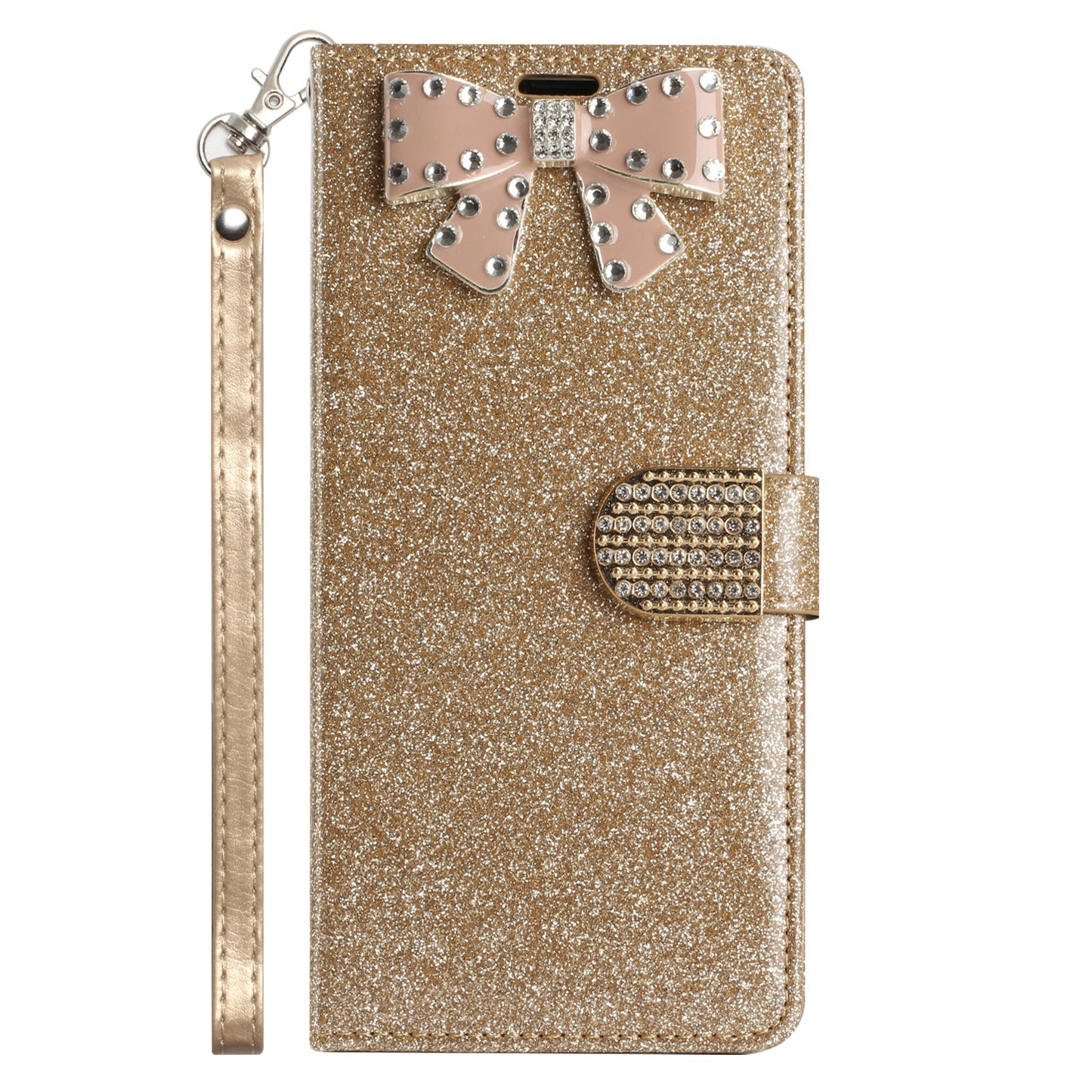 For Apple iPhone 14 Pro (6.1") Wallet Bow Glitter Bling Ornament Shimmer with Credit Card Slot Pocket & Lanyard Strap Phone Case Cover