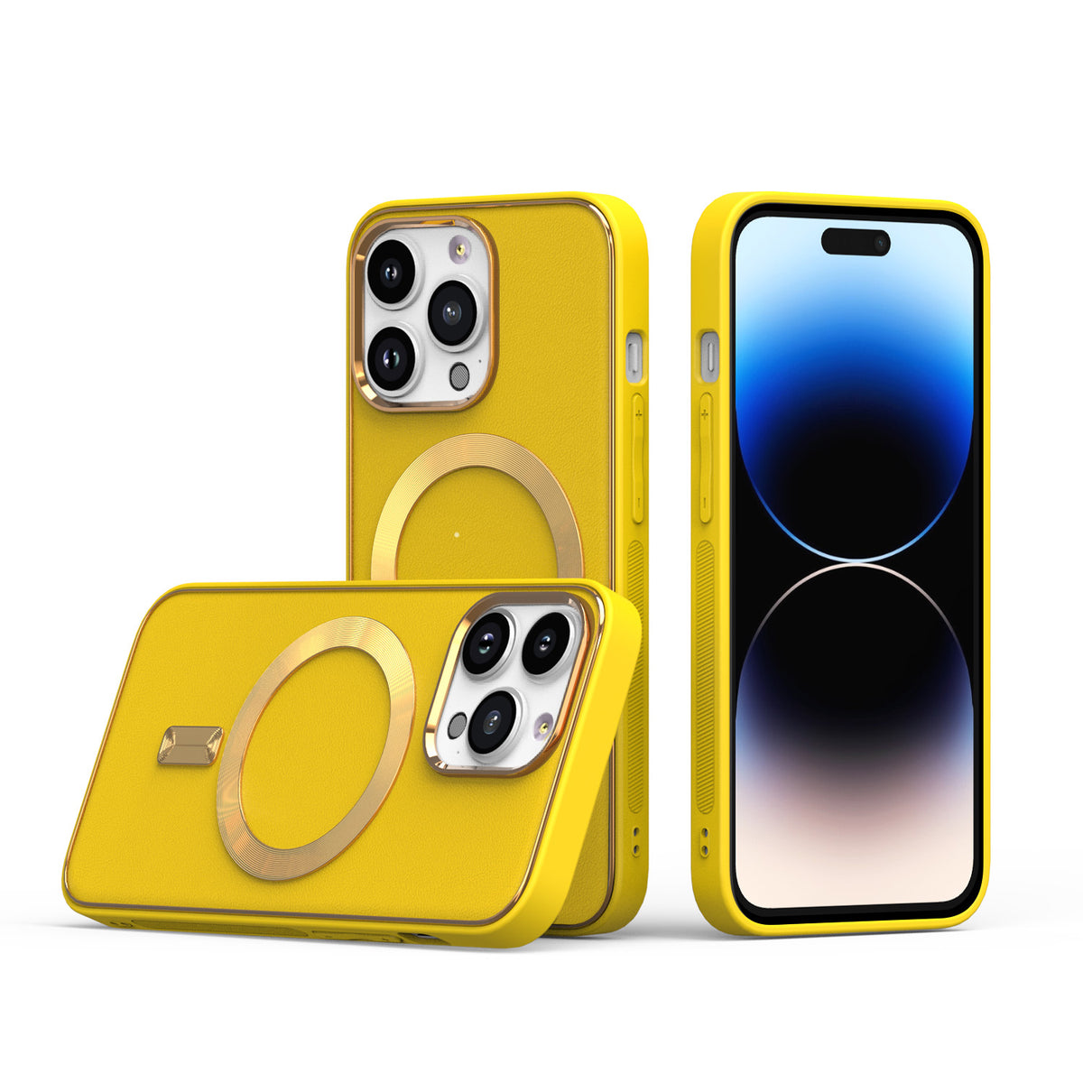 For Apple iPhone 14 Pro Max (6.7") Ultimate PU Leather Hybrid with MagSafe Compatible Bumper Gold Frame Protection Phone Case Cover