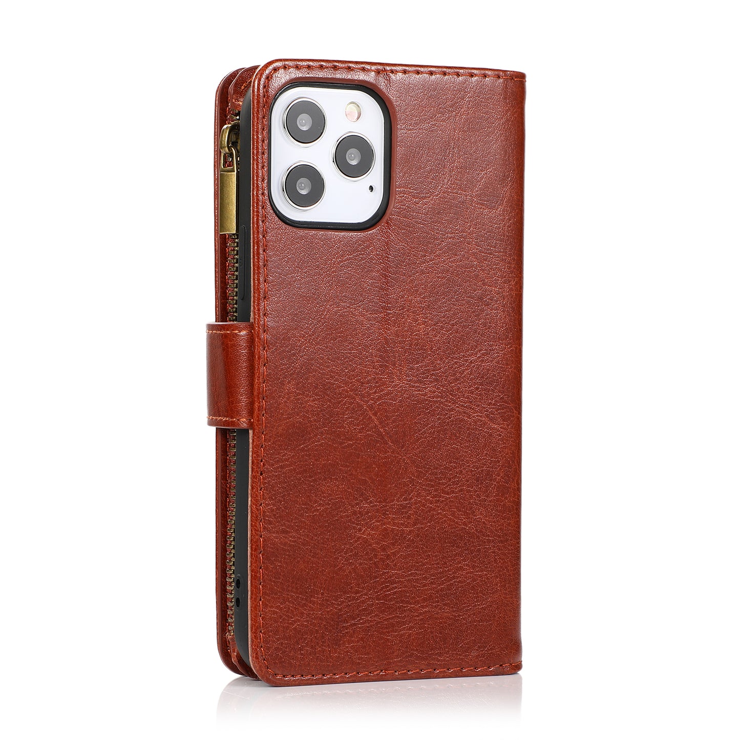 For Nokia C100 Luxury Leather Zipper Wallet Case 9 Credit Card Slots Cash Money Pocket Clutch Pouch with Stand & Strap Brown Phone Case Cover