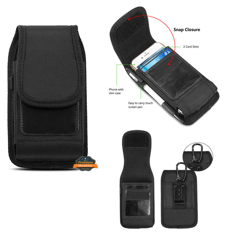 For Nokia C200 Universal Vertical Nylon Case Holster with 2 Card Slots, Pen Holder, Belt Clip Loop & Hook Carrying Phone Pouch [Black]