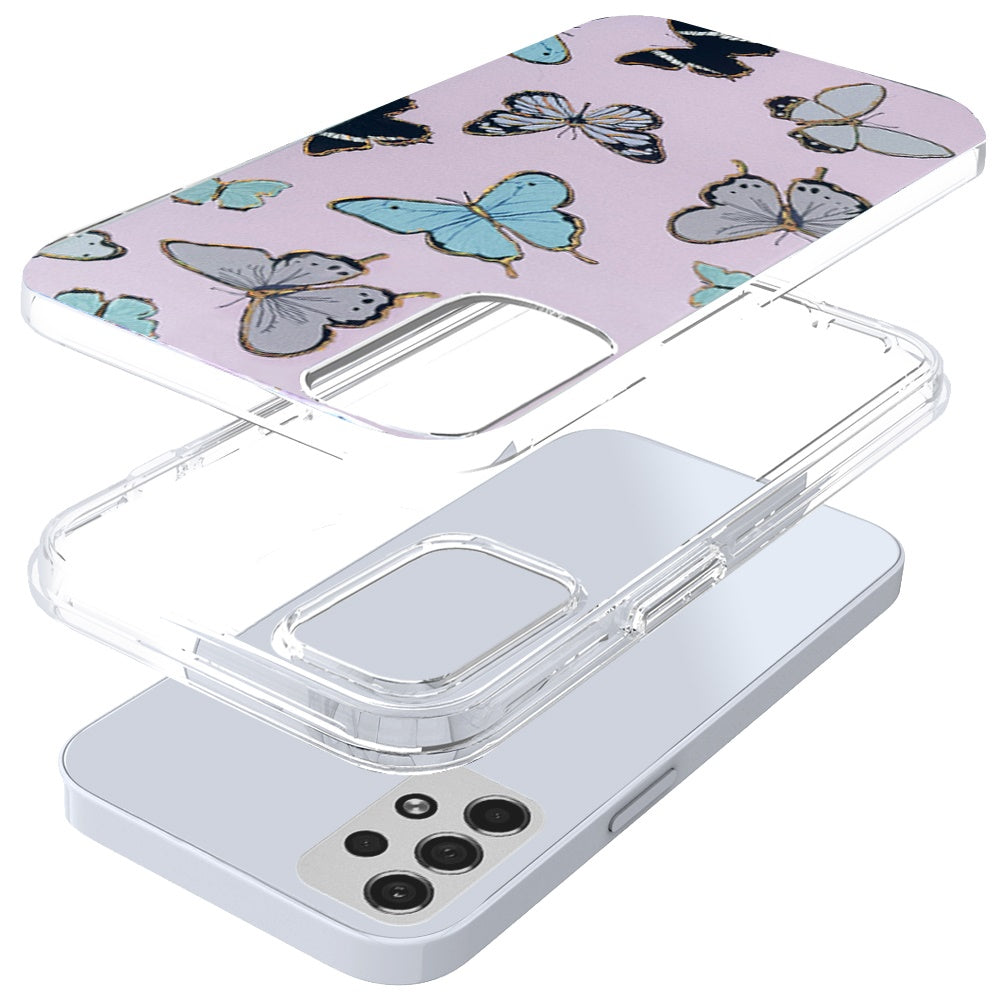 For Samsung Galaxy S22 Ultra Stylish Gold Layer Printing Design Hybrid Rubber TPU Hard PC Shockproof Armor Rugged Slim Butterflies Phone Case Cover
