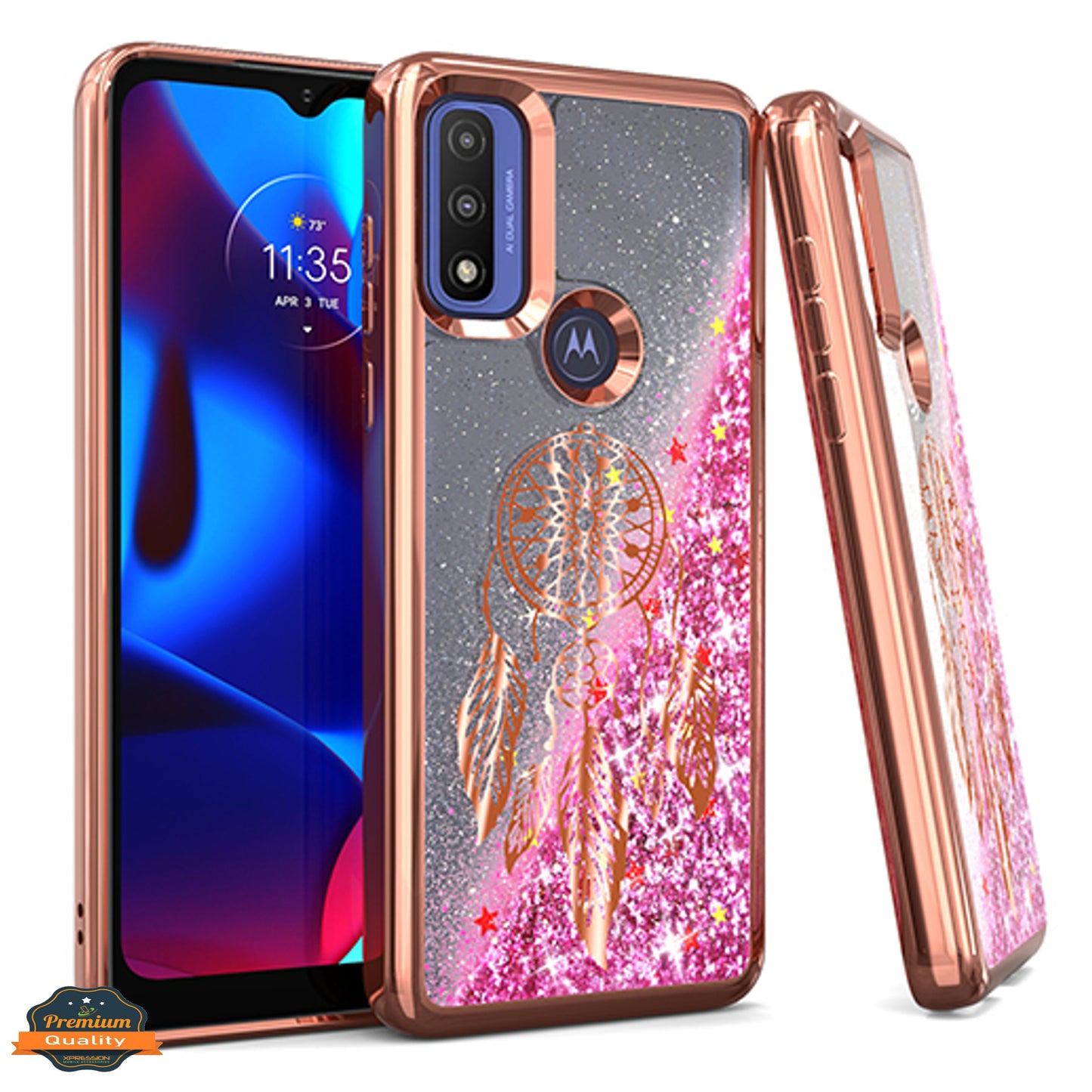 For Motorola Moto G Pure Quicksand Liquid Glitter Bling Flowing Sparkle Fashion Hybrid Rubber TPU and Chrome Plating Hard Phone Case Cover