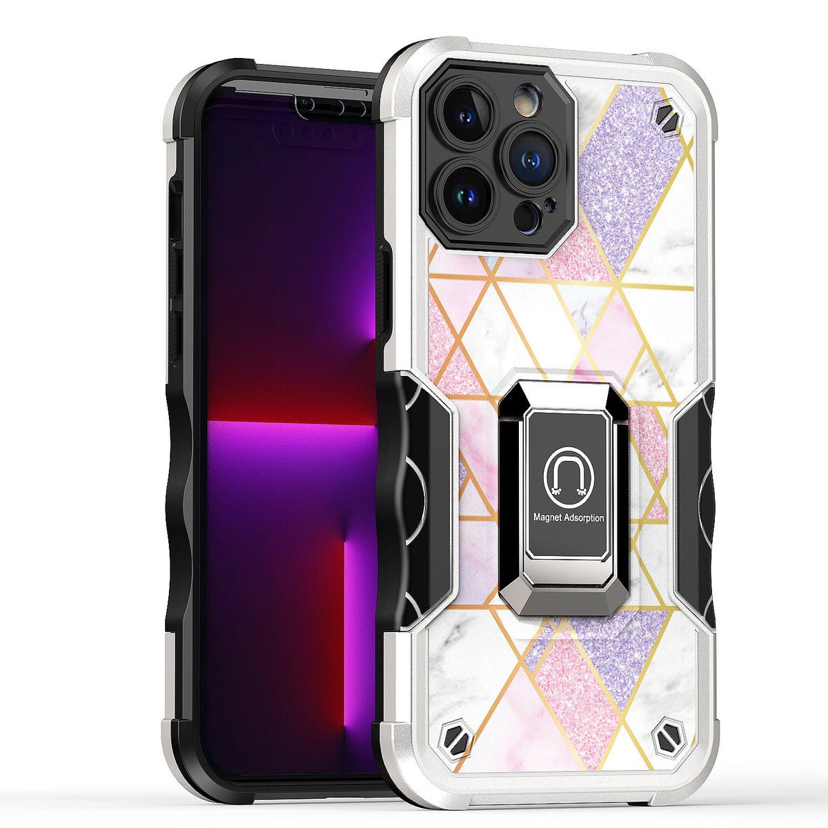 For iPhone 14 Pro (6.1") Marble IMD Stone Design Hybrid Armor Magnetic Ring Stand Kickstand Heavy Duty Rugged Phone Case Cover