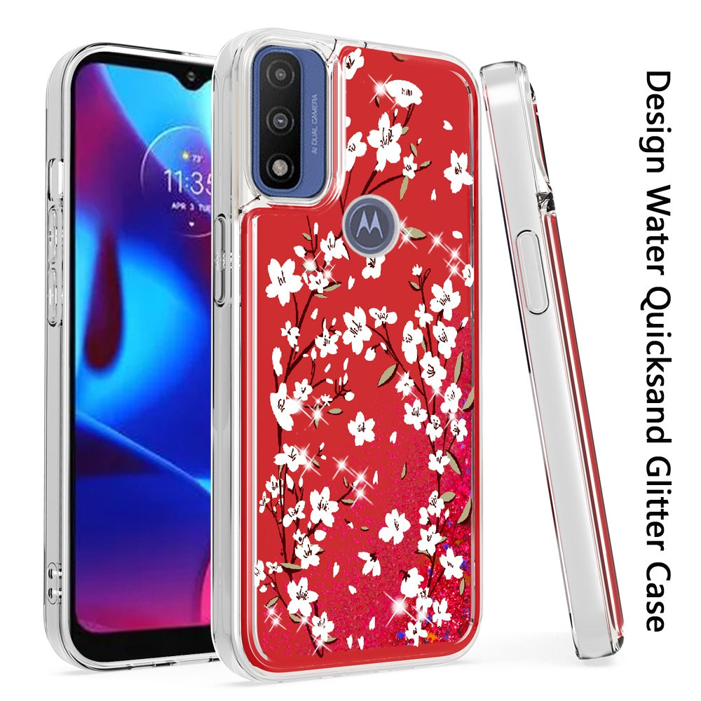 For Motorola Moto G Pure Floral Design Quicksand Water Flowing Liquid Floating Sparkle Glitter Bling Flower Fashion Hybrid Hard Phone Case Cover