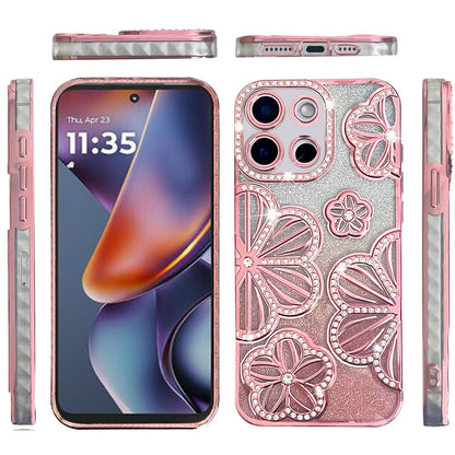For Motorola Edge 2025 Luxury Flower Design Sparkle Glitter Diamond Rhinestone Shimmer Bling Plating Thick TPU Hard PC Case Cover