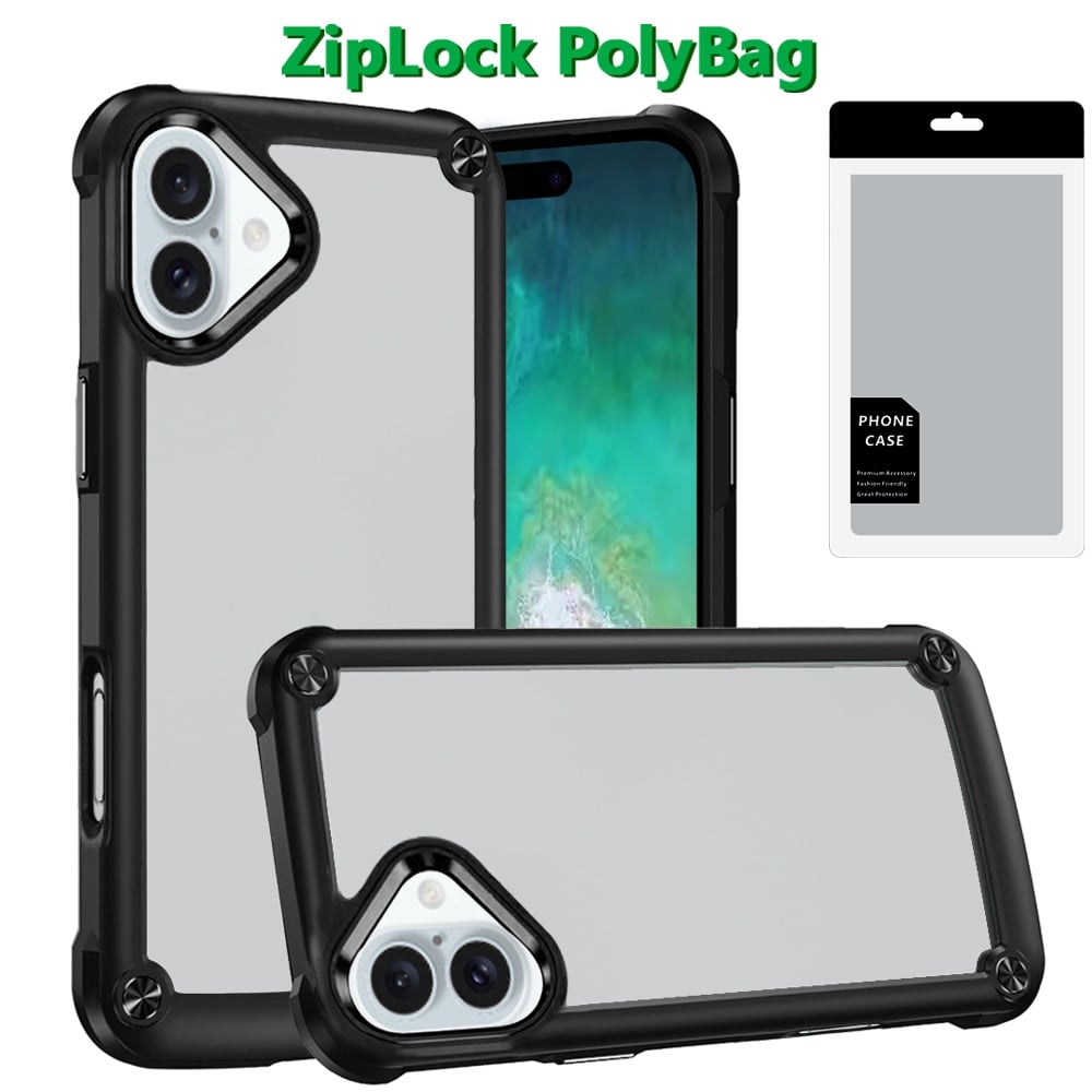 For Apple iPhone 16 Plus Hybrid Transparent Rubber with Metal Buttons & Camera Edges Hard TPU Corner Frame Bumper Case Cover Black