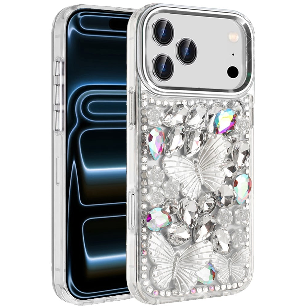 Phone Case for Apple iPhone 18 Pro Luxury 3D Floral Butterfly Bling Rhinestone Glitter Shockproof Stylish Protective Hybrid Designer Metallic Cover
