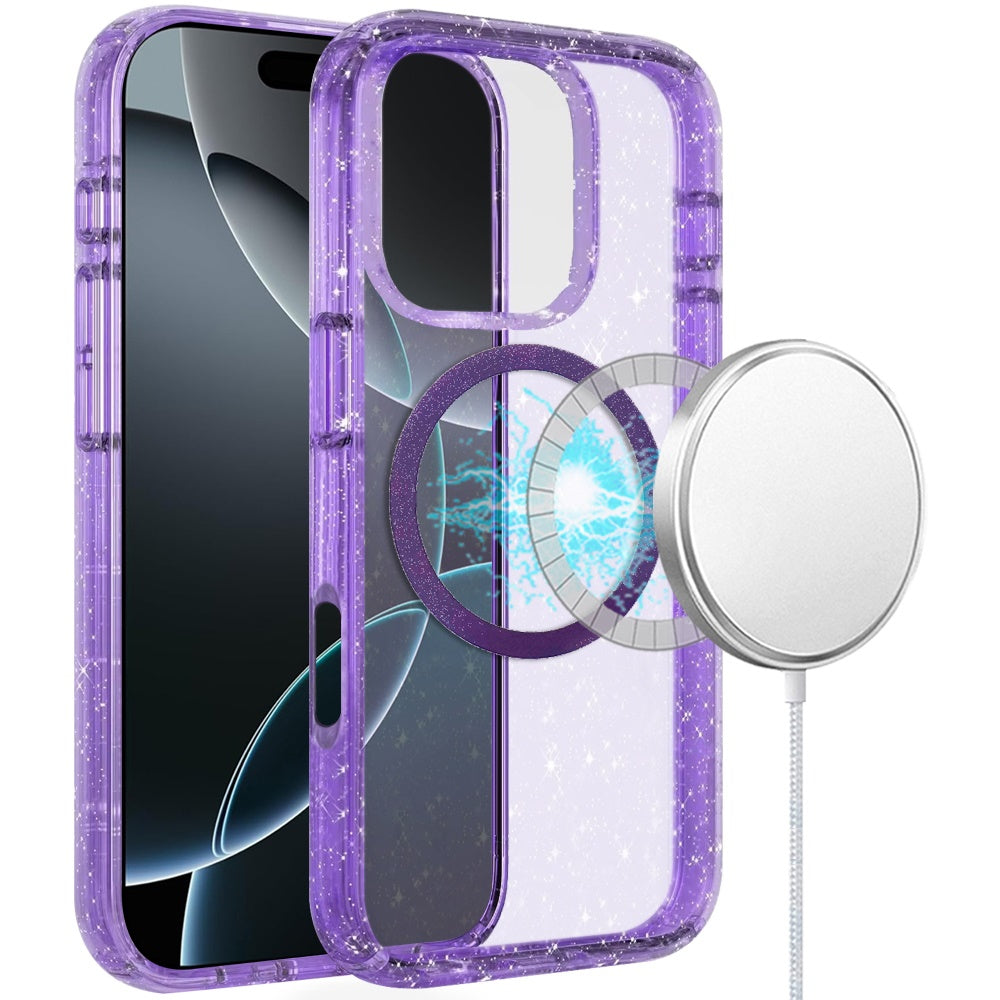 For Apple iPhone 16 Pro (6.3") Transparent Glitter Bling Sparkly Shiny Case Hybrid Magnetic Circle Compatible with MagSafe Shockproof Case Cover