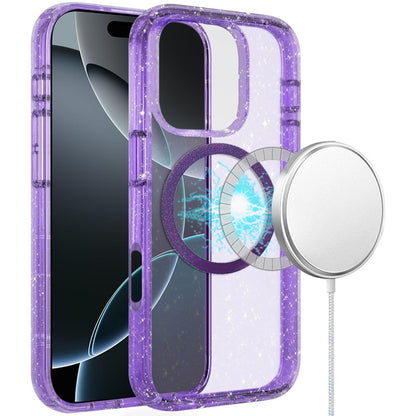 For Apple iPhone 16 Pro (6.3") Transparent Glitter Bling Sparkly Shiny Case Hybrid Magnetic Circle Compatible with MagSafe Shockproof Case Cover