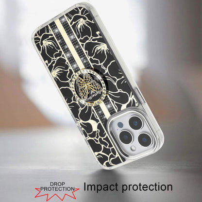For iPhone 15 Pro Max (6.7") Diamonds 3D Butterfly Floral Design Bling Sparkly Glitter Hybrid Metal Fashion with Ring Stand Case Cover