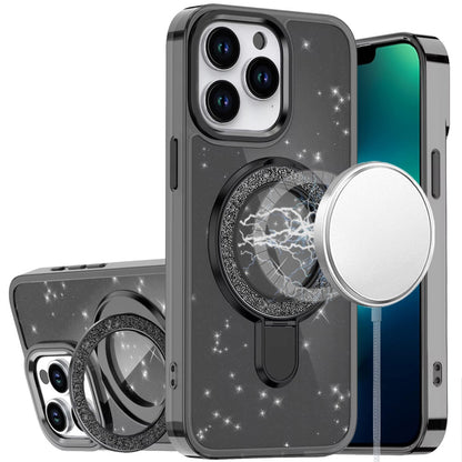 For Samsung Galaxy S26+ / S26 Plus Transparent Glitter Bling Case with Rotating Magnetic Ring Stand, Shockproof Hybrid Case Cover