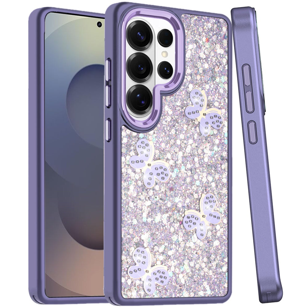 Phone Case for Samsung Galaxy S25 Ultra Cute Butterfly Diamond Glitter Metallic Hybrid Shockproof Shimmer Grip Stylish Protective Luxury Designer Cover