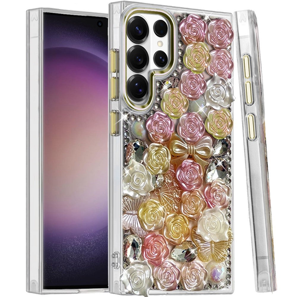 Phone Case for Samsung Galaxy S23 Ultra 3D Flower Bling Rhinestone Glitter Cute Stylish Shockproof Protective Decorative Luxury Grip Stones Ornaments Cover