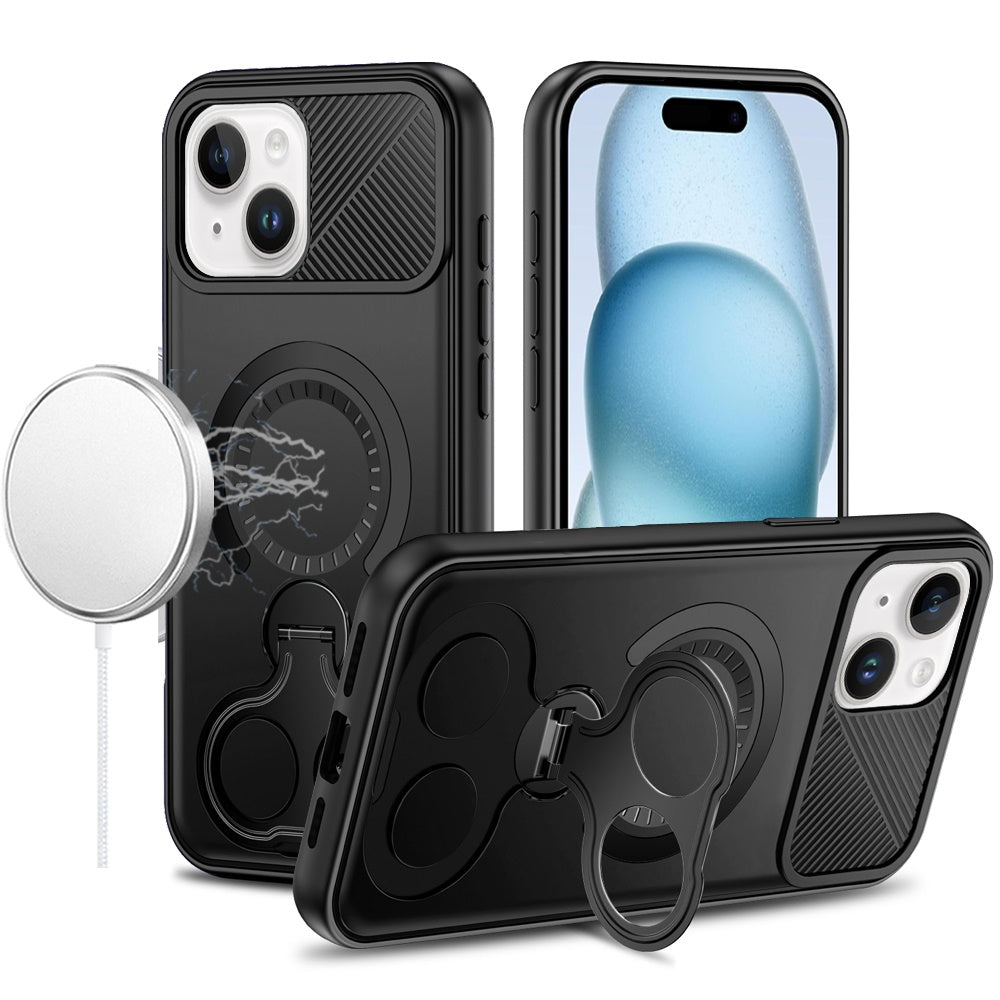 Phone Case for iPhone 15 Magnetic Ring Stand Car Mount Friendly Shockproof Rugged Grip Armor Dual Ring Kickstand Heavy Duty Hybrid Cover Black