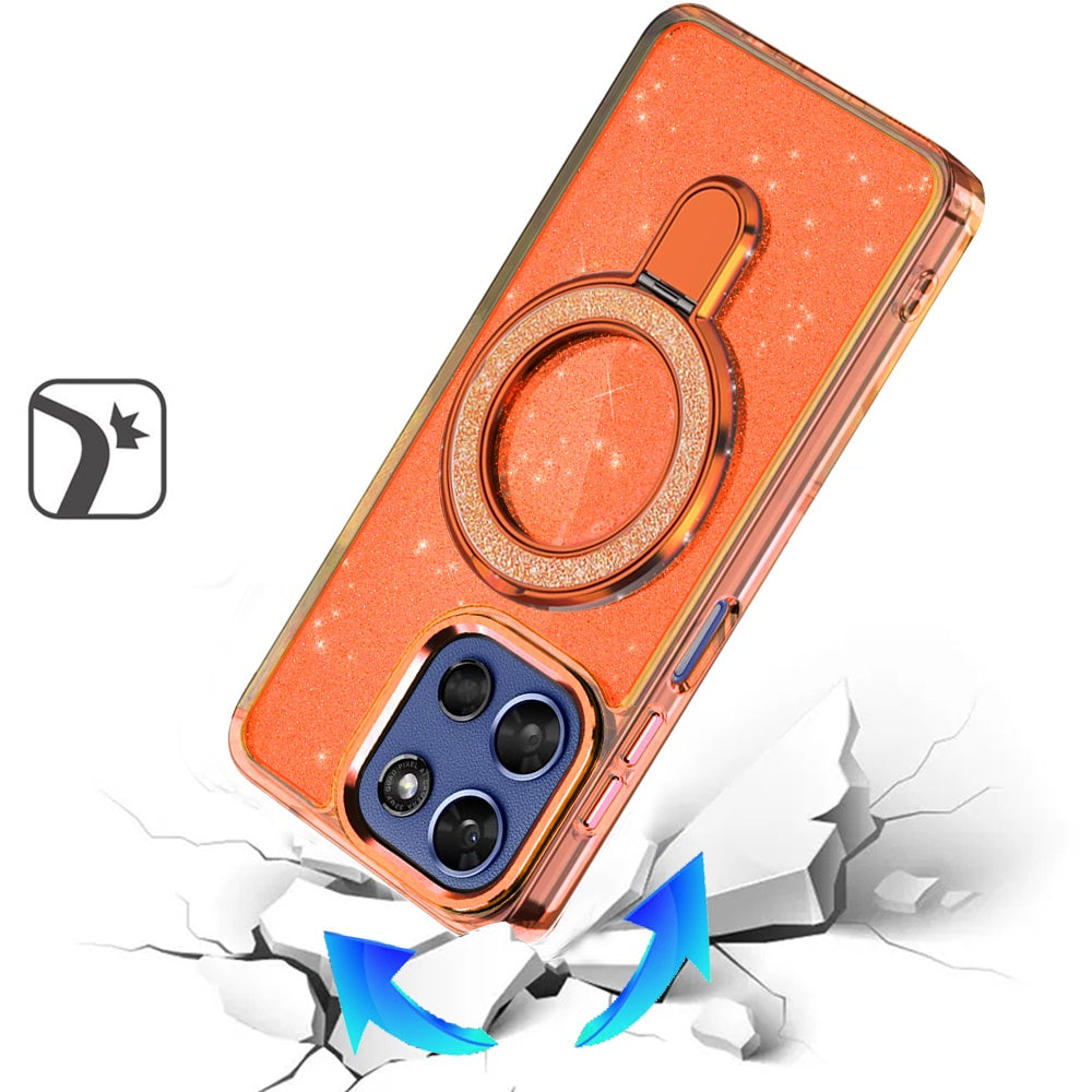 For Motorola Moto G 5G 2026/2025 Transparent Glitter Bling Case with Rotating Magnetic Ring Stand, Shockproof Hybrid Case Cover Cosmic Orange
