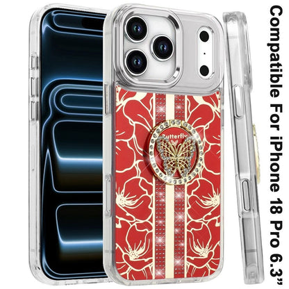 Phone Case for Apple iPhone 18 Pro Floral Butterfly Ring Stand Glitter Bling Shockproof Hybrid Luxury Fashion Protective Anti Slip Durable Grip Cover