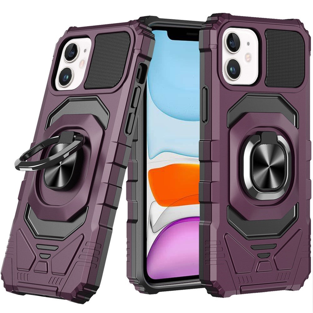 Phone Case for Apple iPhone 11 Rugged Hybrid Dual Layer Magnetic Ring Stand Armor Shock Absorbing Heavy Duty TPU Reinforced Bumper Cover Purple